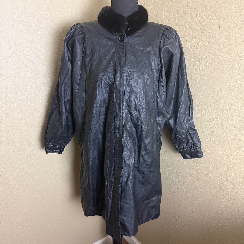 FROMAGE Women's Black Cowhide Leather Long Coat Fur Collar Size 11